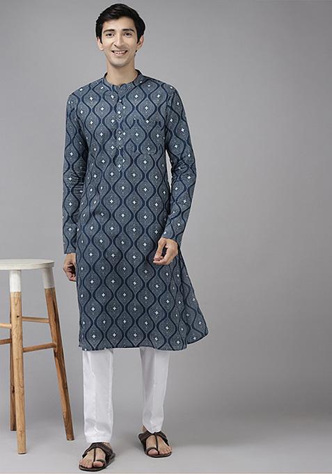 Blue Printed Cotton Straight Kurta Set For Men