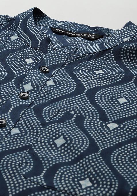 Blue Printed Cotton Straight Kurta Set For Men