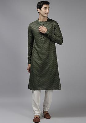 Green Woven Design Cotton Kurta Set For Men