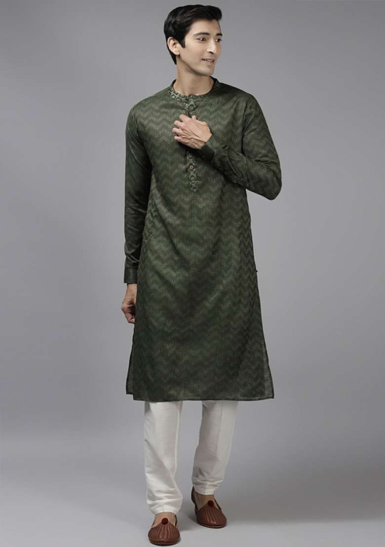 Green Woven Design Cotton Kurta Set For Men - Indya