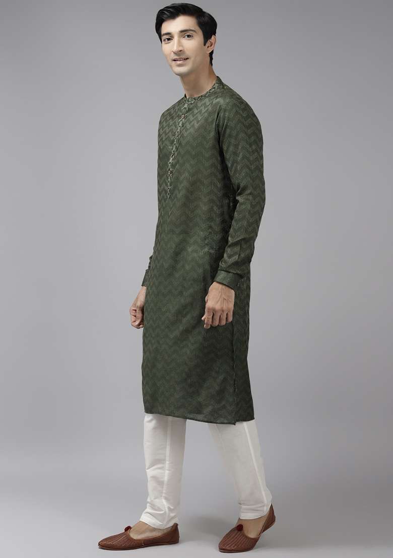 Green Woven Design Cotton Kurta Set For Men - Indya
