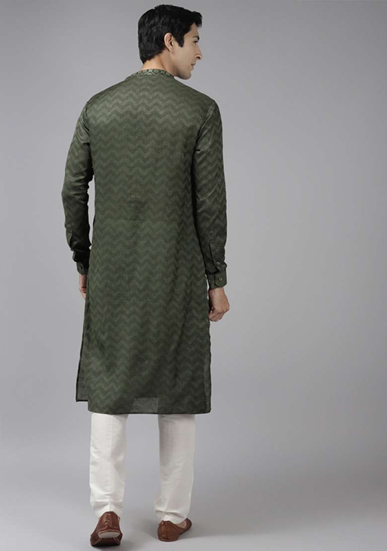 Green Woven Design Cotton Kurta Set For Men - Indya