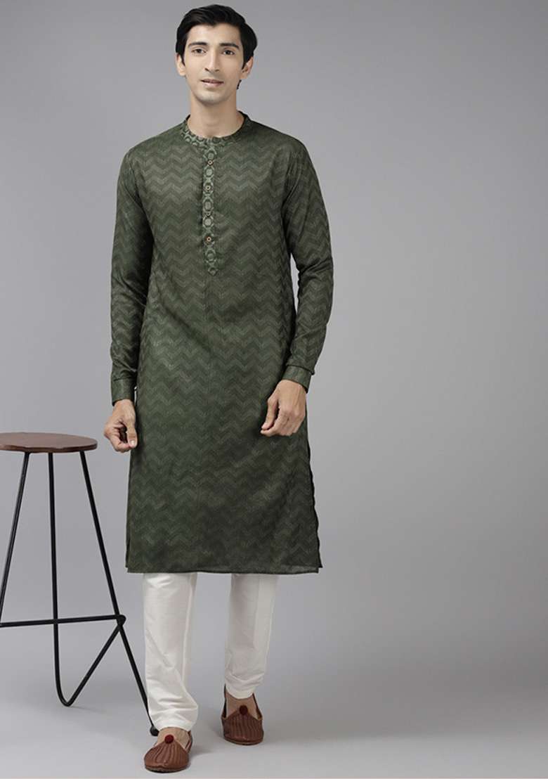 Green Woven Design Cotton Kurta Set For Men - Indya