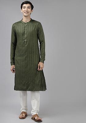 Green Woven Design Kurta Set For Men