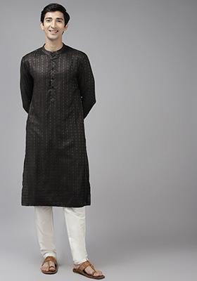 Black Woven Design Cotton Straight Kurta Set For Men
