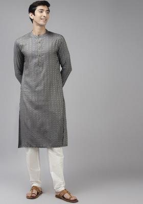 Grey Woven Design Cotton Kurta Set For Men