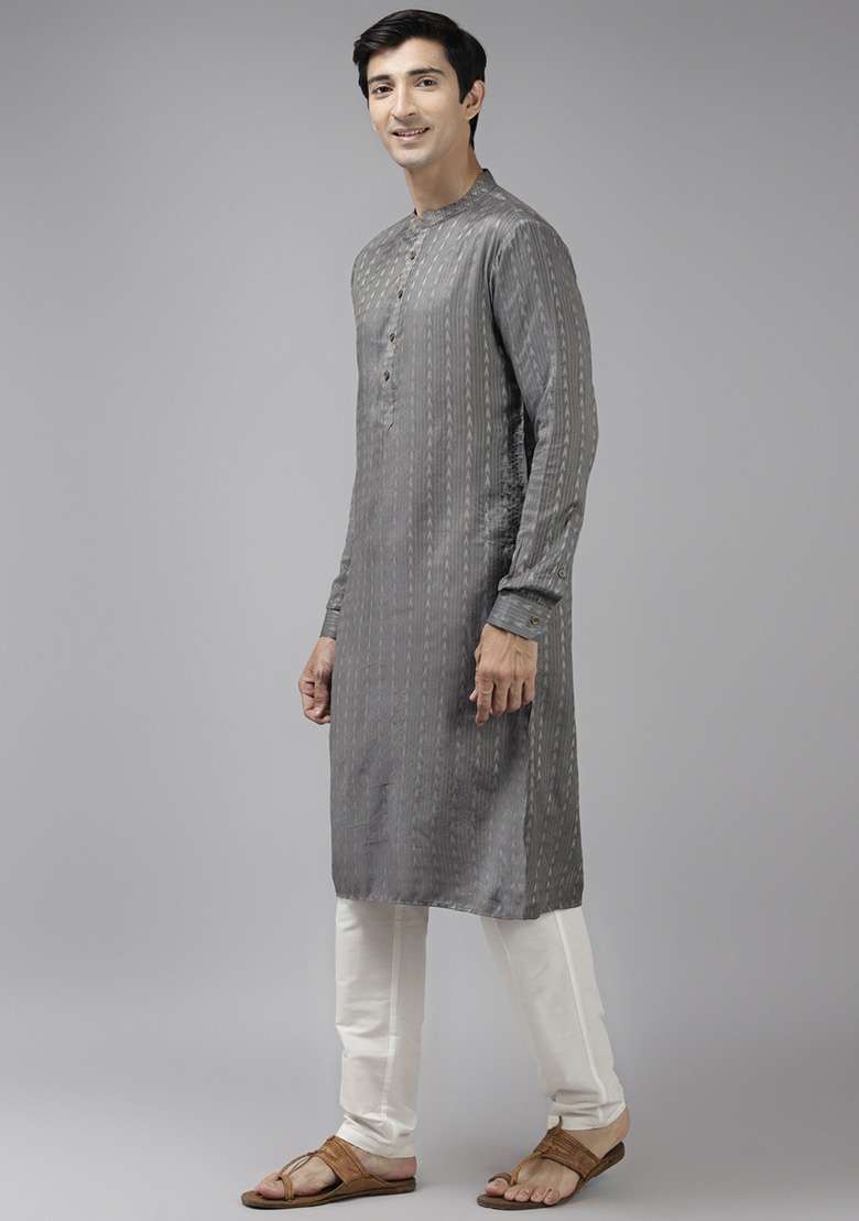 Grey Woven Design Cotton Kurta Set For Men - Indya