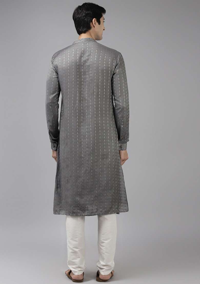 Grey Woven Design Cotton Kurta Set For Men - Indya