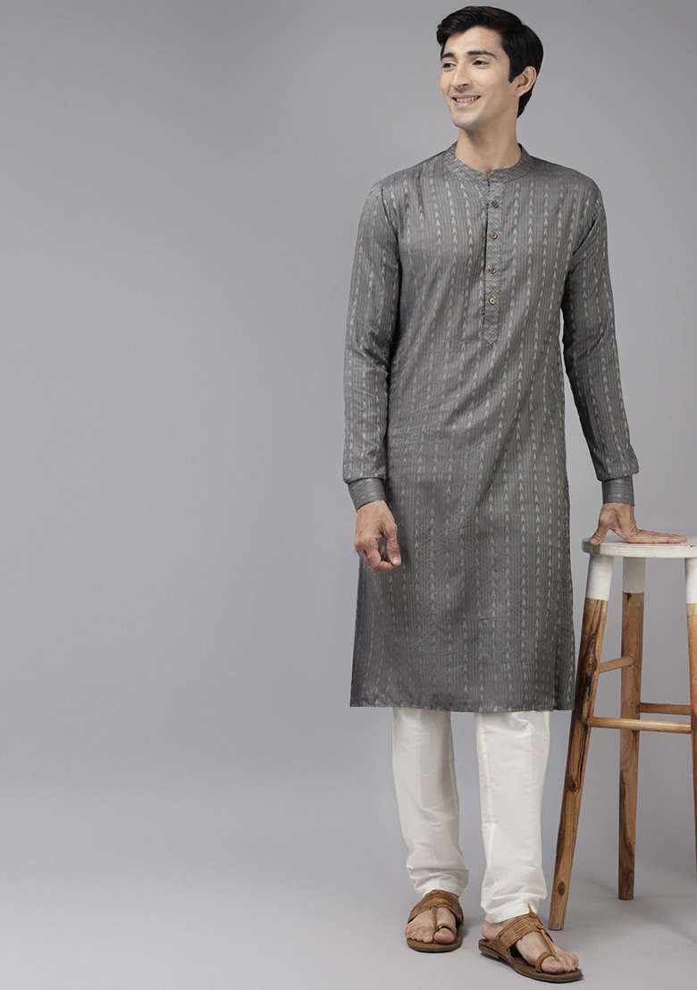 Grey Woven Design Cotton Kurta Set For Men - Indya