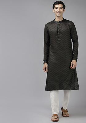 Olive Woven Design Cotton Kurta Set For Men