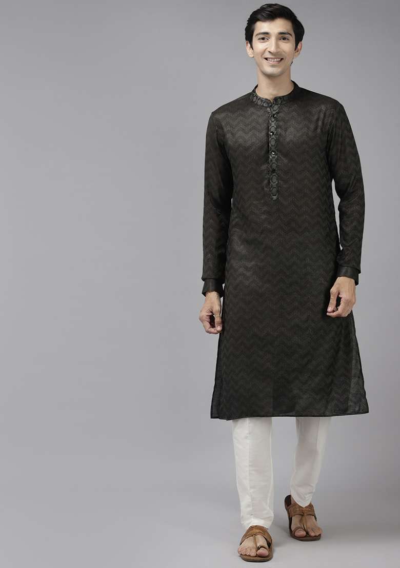 Olive Woven Design Cotton Kurta Set For Men - Indya