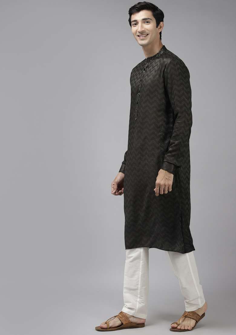 Olive Woven Design Cotton Kurta Set For Men - Indya