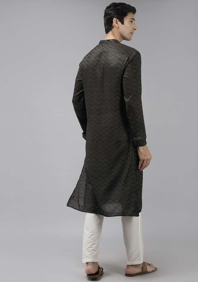 Olive Woven Design Cotton Kurta Set For Men - Indya