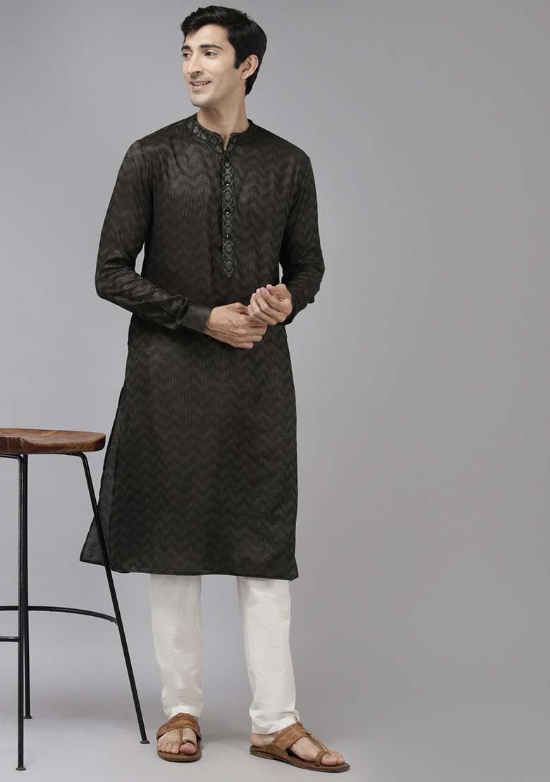 Olive Woven Design Cotton Kurta Set For Men - Indya
