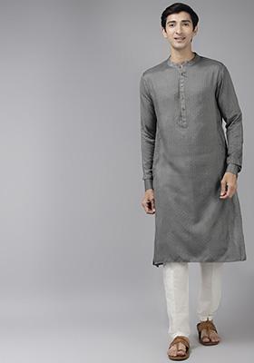 Grey Woven Design Kurta Set For Men