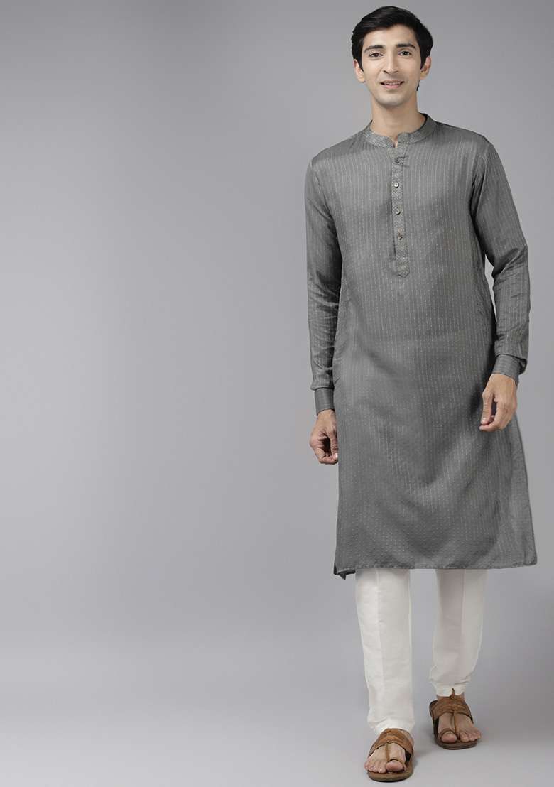 Grey Woven Design Kurta Set For Men - Indya