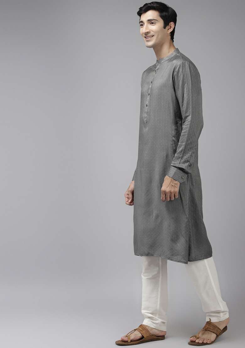 Grey Woven Design Kurta Set For Men - Indya