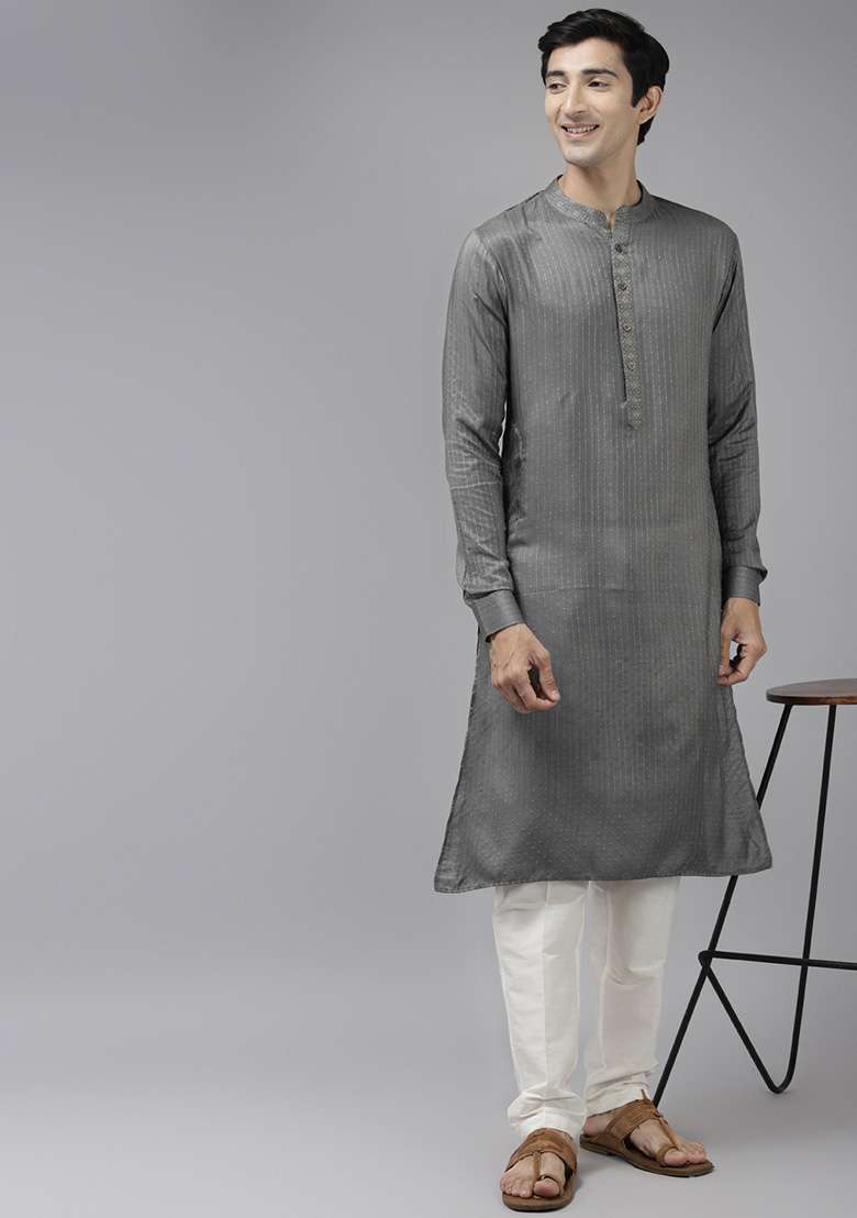 Grey Woven Design Kurta Set For Men - Indya
