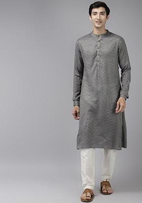 Grey Thread Woven Design Cotton Kurta Set For Men