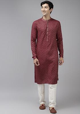Maroon Woven Design Kurta Set For Men