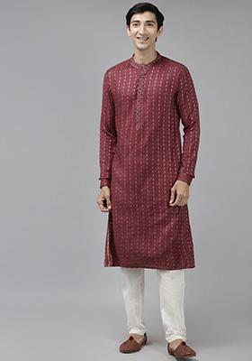 Maroon Thread Woven Design Cotton Kurta Set For Men