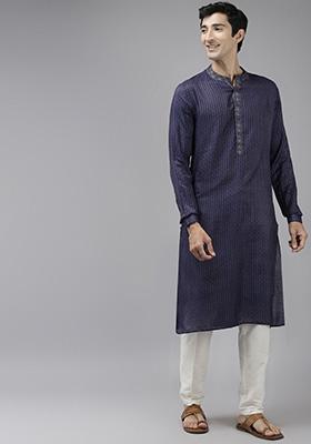 Blue Thread Woven Design Cotton Kurta Set For Men