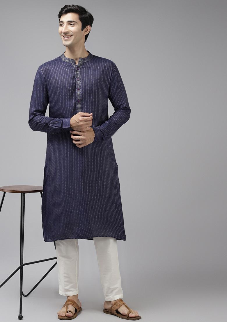 Blue Thread Woven Design Cotton Kurta Set For Men