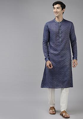 Purple Woven Design Cotton Kurta Set For Men