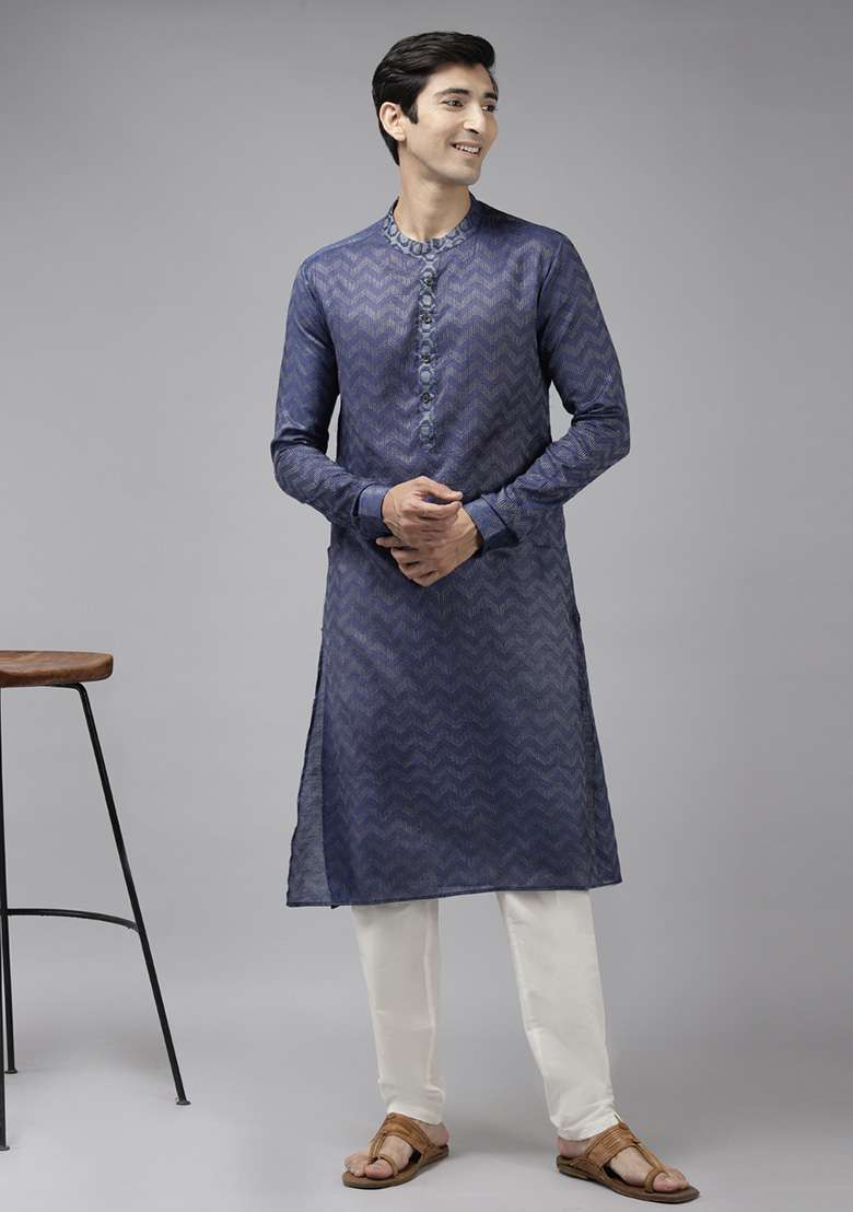 Purple Woven Design Cotton Kurta Set For Men - Indya