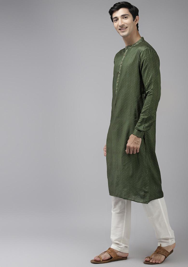 Green Thread Woven Design Kurta Set For Men