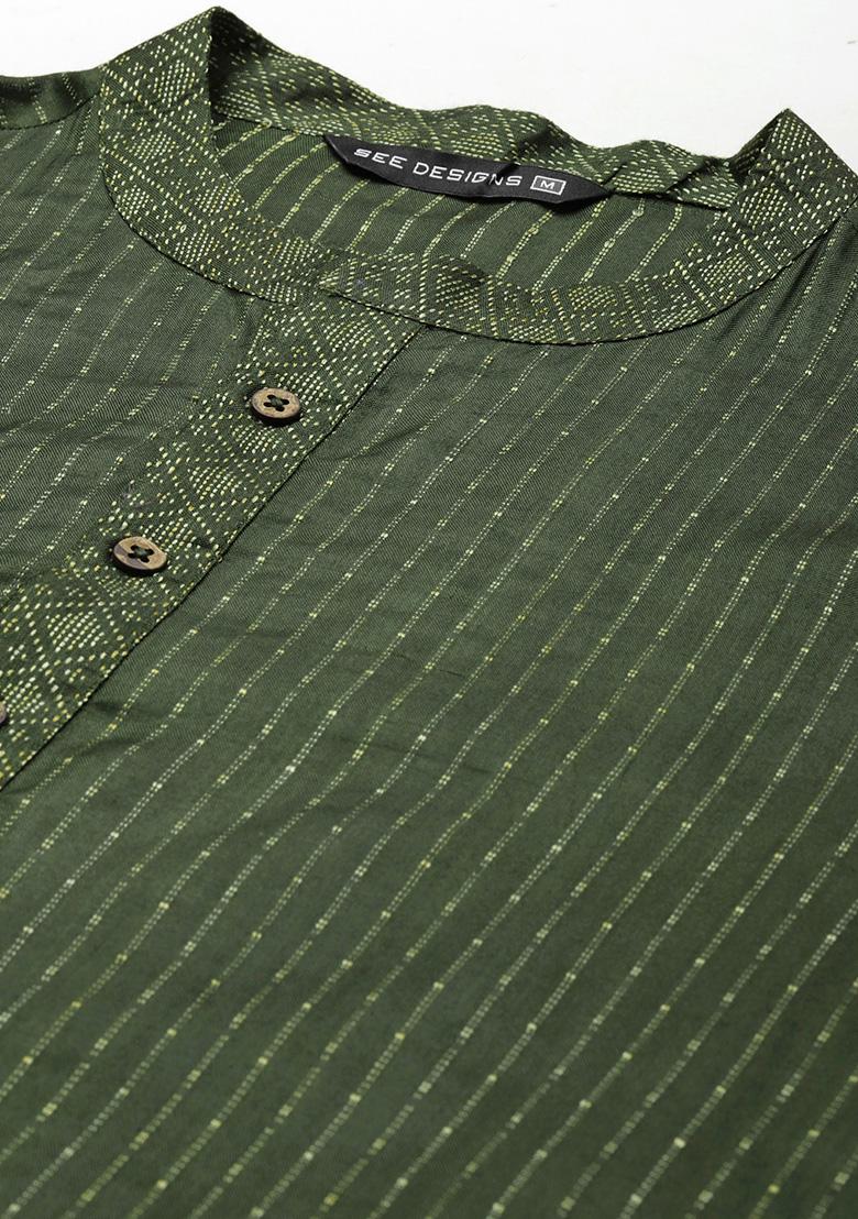 Green Thread Woven Design Kurta Set For Men