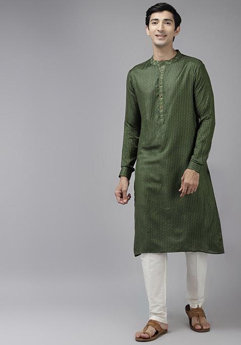 Green Thread Woven Design Kurta Set For Men