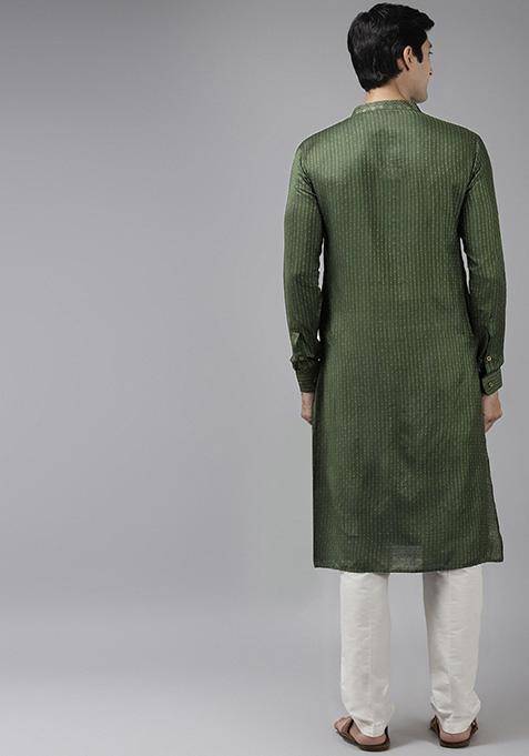 Green Thread Woven Design Kurta Set For Men