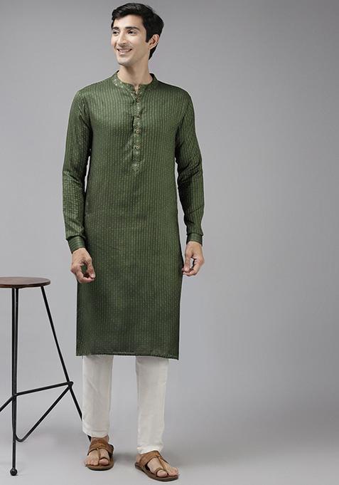 Green Thread Woven Design Kurta Set For Men