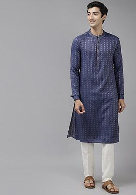 Blue Woven Design Cotton Kurta Set For Men