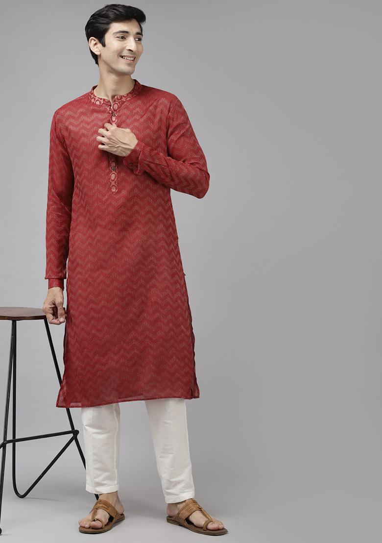 Maroon Thread Woven Design Kurta Set For Men - Indya