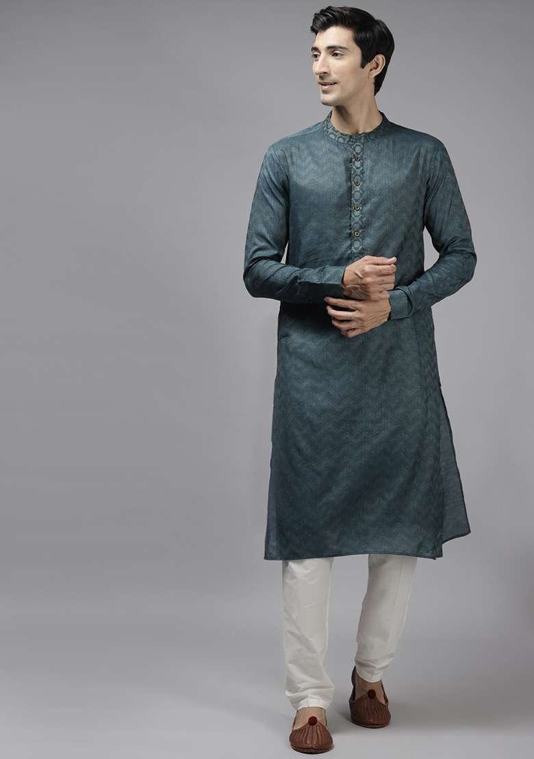 Teal Thread Woven Design Kurta Set For Men - Indya