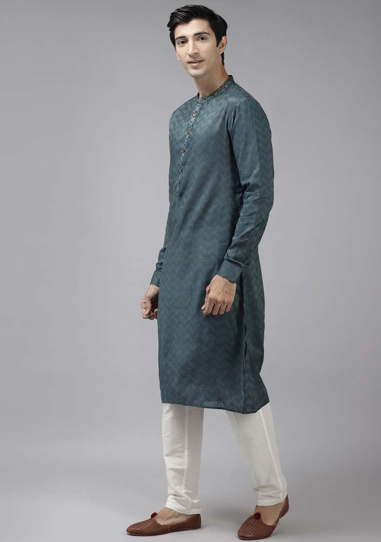 Teal Thread Woven Design Kurta Set For Men - Indya