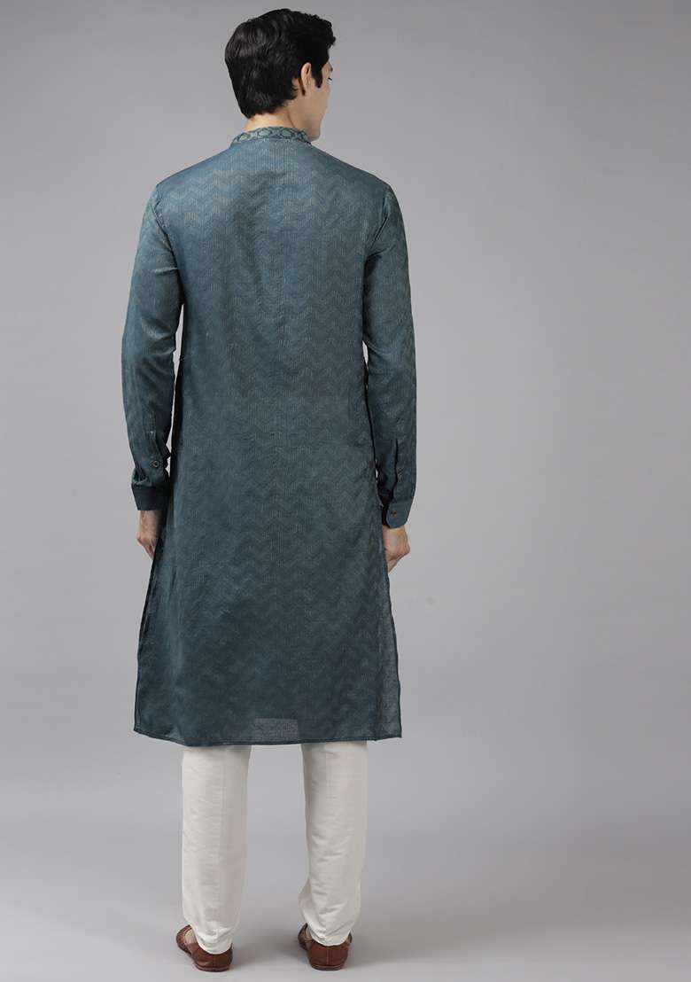Teal Thread Woven Design Kurta Set For Men - Indya