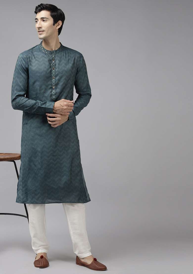Teal Thread Woven Design Kurta Set For Men - Indya
