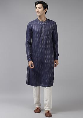Blue Thread Woven Design Kurta Set For Men