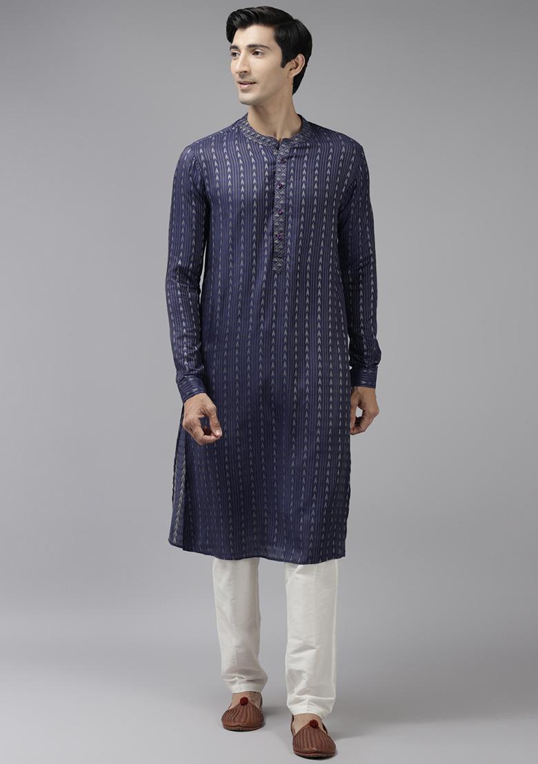 Blue Thread Woven Design Kurta Set For Men - Indya