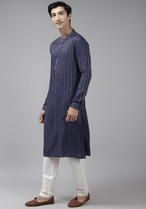 Blue Thread Woven Design Kurta Set For Men