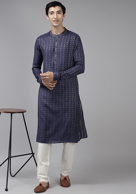 Blue Thread Woven Design Kurta Set For Men