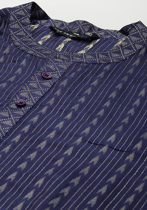 Blue Thread Woven Design Kurta Set For Men