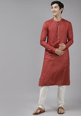 Maroon And Beige Thread Woven Design Cotton Kurta Set For Men