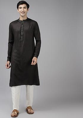 Black Woven Design Straight Kurta Set For Men