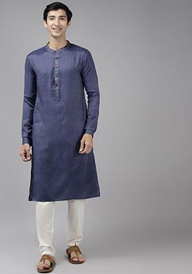 Black Thread Woven Design Cotton Kurta Set For Men