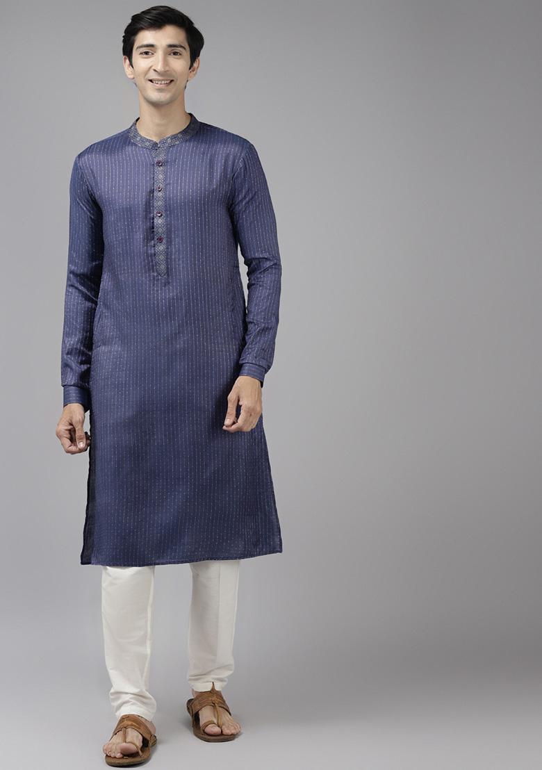 Black Thread Woven Design Cotton Kurta Set For Men