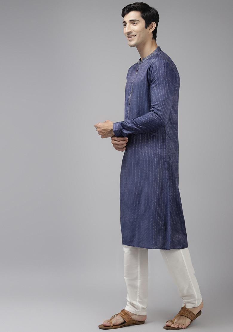 Black Thread Woven Design Cotton Kurta Set For Men